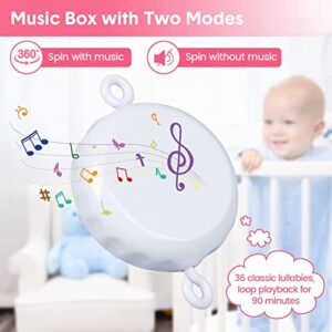 Baby Crib Mobile, Nursery Mobile for Crib with Music Motor Spinner, Musical Crib Toys for Infants 0-6 Months Girls and Boys, Crib Mount Mobiles with 36 lullabies, Pink