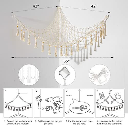 Stuffed Animal Hammock Stuffed Animal Storage Holder Macrame Boho Plush Toy Net Hammock for Stuffed Animals with Light Pet Net for Stuffed Animals Corner Hanging Net for Kids Room (White)