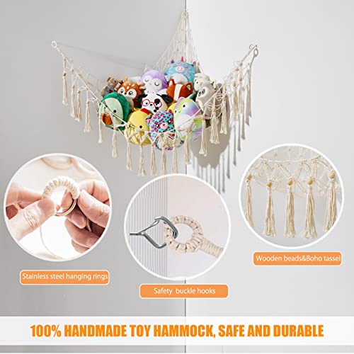 Stuffed Animal Hammock Stuffed Animal Storage Holder Macrame Boho Plush Toy Net Hammock for Stuffed Animals with Light Pet Net for Stuffed Animals Corner Hanging Net for Kids Room (White)