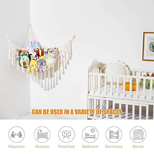 Stuffed Animal Hammock Stuffed Animal Storage Holder Macrame Boho Plush Toy Net Hammock for Stuffed Animals with Light Pet Net for Stuffed Animals Corner Hanging Net for Kids Room (White)