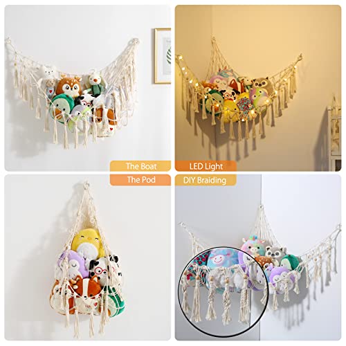 Stuffed Animal Hammock Stuffed Animal Storage Holder Macrame Boho Plush Toy Net Hammock for Stuffed Animals with Light Pet Net for Stuffed Animals Corner Hanging Net for Kids Room (White)