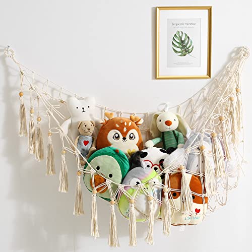 Stuffed Animal Hammock Stuffed Animal Storage Holder Macrame Boho Plush Toy Net Hammock for Stuffed Animals with Light Pet Net for Stuffed Animals Corner Hanging Net for Kids Room (White)