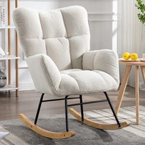 kinffict teddy velvet rocking accent chair, uplostered glider rocker armchair for nursery, comfy side chair for living room, bedroom (ivory+teddy fabric)