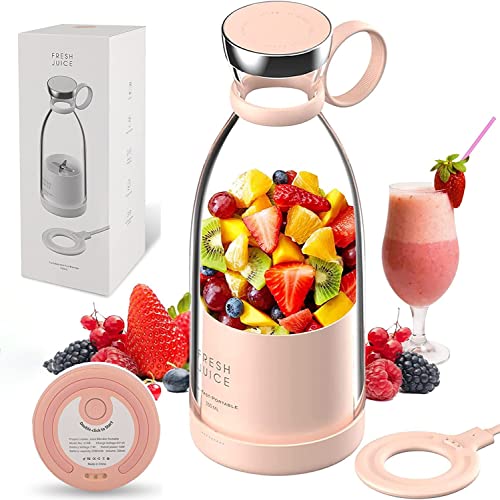 Personal Size Blender, Portable Blender, Battery Powered USB Blender, with Four Blades, Mini Blender Travel Bottle for Juice, Shakes, and Smoothies (Pink)