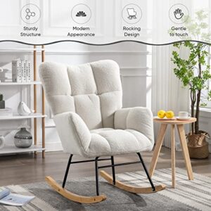 KINFFICT Teddy Velvet Rocking Accent Chair, Uplostered Glider Rocker Armchair for Nursery, Comfy Side Chair for Living Room, Bedroom (Ivory+Teddy Fabric)