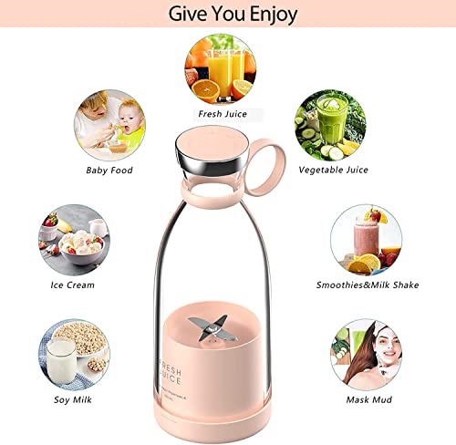 Personal Size Blender, Portable Blender, Battery Powered USB Blender, with Four Blades, Mini Blender Travel Bottle for Juice, Shakes, and Smoothies (Pink)