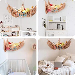 HKCDUUT Stuffed Animal Hammock, Macrame Boho Plush Toy Storage Net, Hanging Hammock for Stuffed Animals Pet, Wall Corner Toy Storage Holder Teddy Bear Net for Nursery Kids Bedroom, Caramel