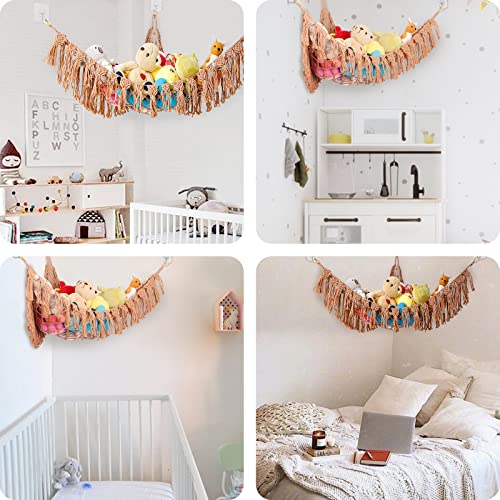 HKCDUUT Stuffed Animal Hammock, Macrame Boho Plush Toy Storage Net, Hanging Hammock for Stuffed Animals Pet, Wall Corner Toy Storage Holder Teddy Bear Net for Nursery Kids Bedroom, Caramel