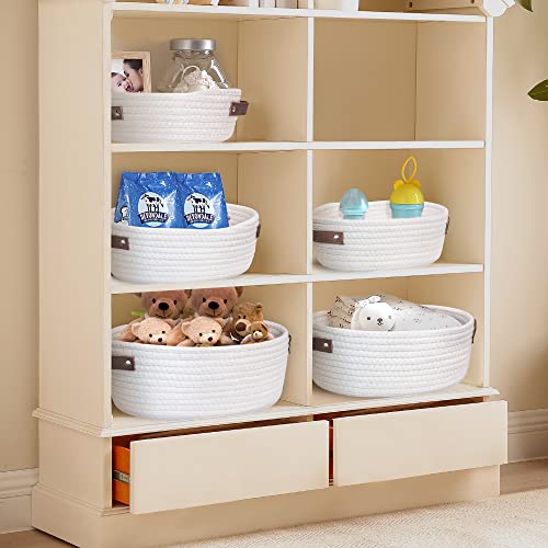 AmapleL Small Storage Basket Set of 5 with Handle, Cotton Natural Rope Baskets for Organizing, Woven Organizer Bins for Shelves, Bathroom, Bedroom, Living Room, Nursery (White)