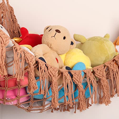 HKCDUUT Stuffed Animal Hammock, Macrame Boho Plush Toy Storage Net, Hanging Hammock for Stuffed Animals Pet, Wall Corner Toy Storage Holder Teddy Bear Net for Nursery Kids Bedroom, Caramel