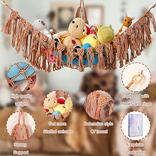 HKCDUUT Stuffed Animal Hammock, Macrame Boho Plush Toy Storage Net, Hanging Hammock for Stuffed Animals Pet, Wall Corner Toy Storage Holder Teddy Bear Net for Nursery Kids Bedroom, Caramel