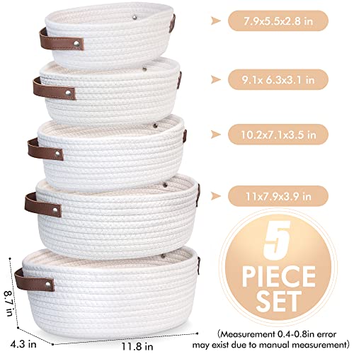 AmapleL Small Storage Basket Set of 5 with Handle, Cotton Natural Rope Baskets for Organizing, Woven Organizer Bins for Shelves, Bathroom, Bedroom, Living Room, Nursery (White)