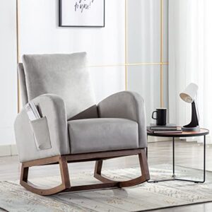 velvet rocking chair nursery glider rocker chair high backrest upholstered accent armchair with side pocket for living room bedroom office (grey)