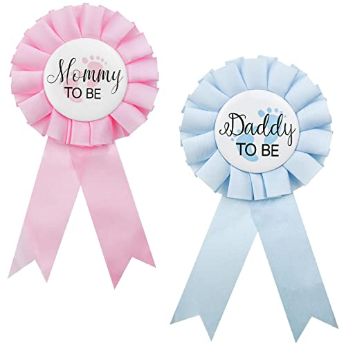 2 Pieces Daddy and Mommy To Be Tinplate Badge Pin for Baby Shower Celebration Gender Reveal Button Pins Party Favor New Dad Mom Gifts Rosette Buttons with Ribbon Baby Shower Decorations (Pink + Blue)