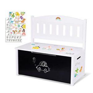tookyland toy chest with safety hinged lid, wooden toy organizers and storage with blackboard, seating bench, personalized stickers