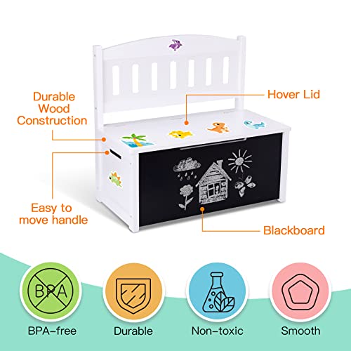 TOOKYLAND Toy Chest with Safety Hinged Lid, Wooden Toy Organizers and Storage with Blackboard, Seating Bench, Personalized Stickers