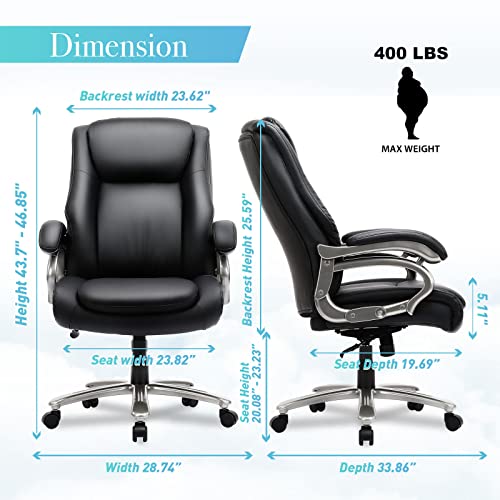 COLAMY Big and Tall Office Chair 400lbs Wide Seat- High Back PU Leather Executive Computer Desk Chair for Heavy People, Large Office Chair with Heavy Duty Metal Base and Ergonomic Back Support- Black