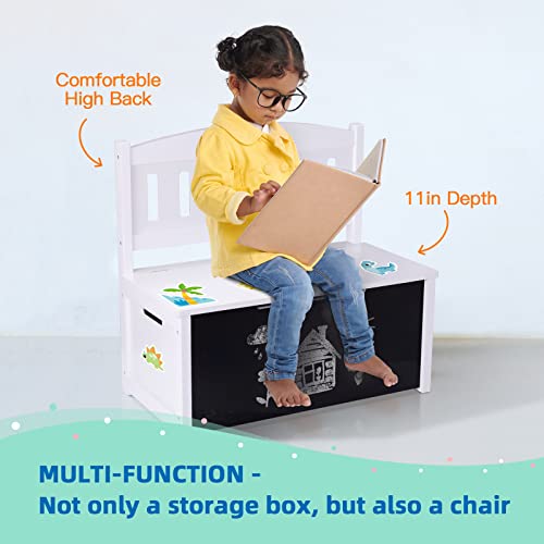 TOOKYLAND Toy Chest with Safety Hinged Lid, Wooden Toy Organizers and Storage with Blackboard, Seating Bench, Personalized Stickers