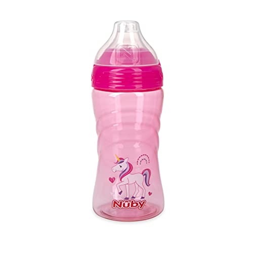 Nuby Thirsty Kids No Spill Sip-It Sport Tritan Travel Cup with Soft Silicone Spout and Hygiene Cover, 12 Oz, Pink Unicorn Print