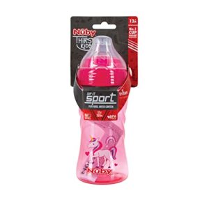 Nuby Thirsty Kids No Spill Sip-It Sport Tritan Travel Cup with Soft Silicone Spout and Hygiene Cover, 12 Oz, Pink Unicorn Print