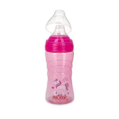 Nuby Thirsty Kids No Spill Sip-It Sport Tritan Travel Cup with Soft Silicone Spout and Hygiene Cover, 12 Oz, Pink Unicorn Print