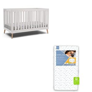 delta children essex 4-in-1 convertible baby crib, bianca white with natural legs + simmons kids quiet nights dual sided crib and toddler mattress (bundle)