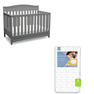 delta children emery 4-in-1 convertible crib, grey + simmons kids quiet nights dual sided crib and toddler mattress (bundle)