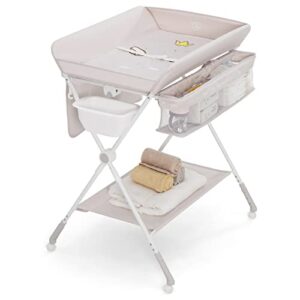 baby joy baby changing table, portable folding diaper changing station with wheels, adjustable height, large storage rack, water basin, safety belt, mobile nursery organizer for newborn infant, beige