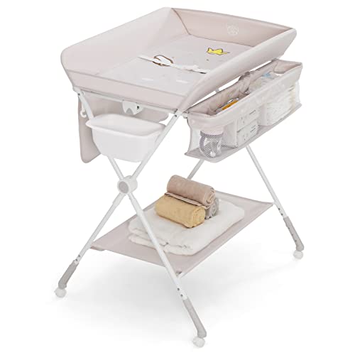 BABY JOY Baby Changing Table, Portable Folding Diaper Changing Station with Wheels, Adjustable Height, Large Storage Rack, Water Basin, Safety Belt, Mobile Nursery Organizer for Newborn Infant, Beige