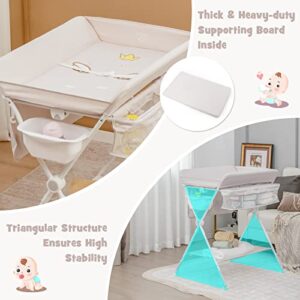 BABY JOY Baby Changing Table, Portable Folding Diaper Changing Station with Wheels, Adjustable Height, Large Storage Rack, Water Basin, Safety Belt, Mobile Nursery Organizer for Newborn Infant, Beige