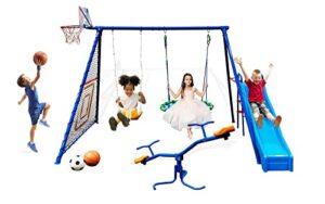 fitness reality kids 6 station sports metal swing set for backyard with slide seesaw, saucer swing, basketball hoop, and soccer rebounder (8413)