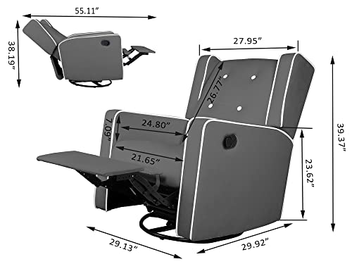 Microfiber Swivel Gliding Recliner Rocker, Nursery Glider Recliner Chair for Living Room (Grey)