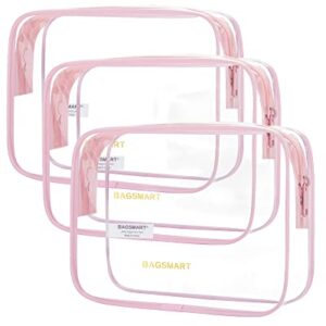 BAGSMART Clear Toiletry Bag, 3 Pack TSA Approved Travel Toiletry bag Carry on Travel Accessories Bag Airport Airline Quart Size Bags Water Repellent Makeup Cosmetic Bag for Women (Pink-3pcs)