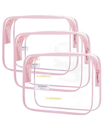 BAGSMART Clear Toiletry Bag, 3 Pack TSA Approved Travel Toiletry bag Carry on Travel Accessories Bag Airport Airline Quart Size Bags Water Repellent Makeup Cosmetic Bag for Women (Pink-3pcs)