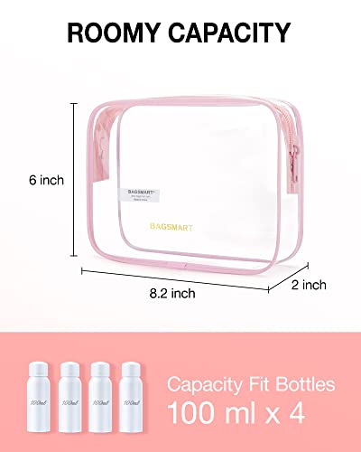 BAGSMART Clear Toiletry Bag, 3 Pack TSA Approved Travel Toiletry bag Carry on Travel Accessories Bag Airport Airline Quart Size Bags Water Repellent Makeup Cosmetic Bag for Women (Pink-3pcs)