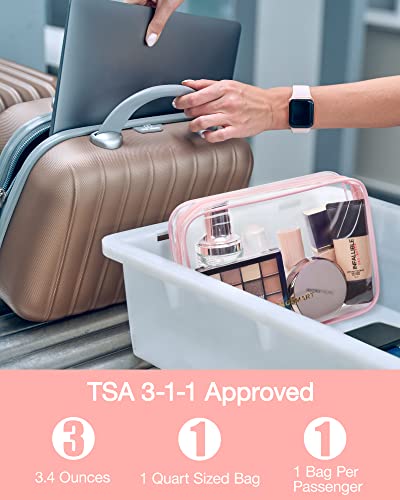 BAGSMART Clear Toiletry Bag, 3 Pack TSA Approved Travel Toiletry bag Carry on Travel Accessories Bag Airport Airline Quart Size Bags Water Repellent Makeup Cosmetic Bag for Women (Pink-3pcs)