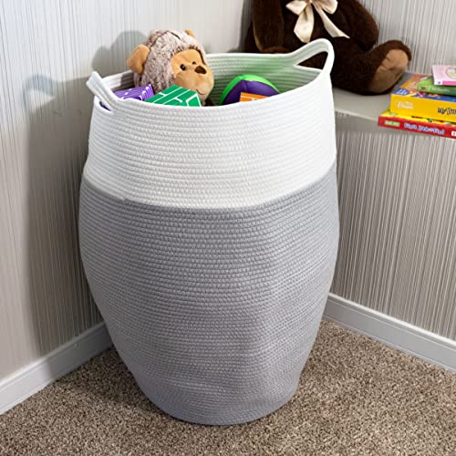 Laundry Basket - Curved Cotton Rope Basket with Handles for Living Room, Bedroom, Bathroom, Nursery, and Laundry Room Storage by Home-Complete (Gray) Large