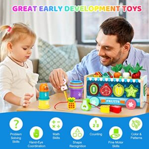 10-In-1 Wooden Montessori Toys for Toddlers, Carrot Harvest, Shapes Sorting &Matching, Stacking Cups, Fruits Lacing Threading,Preschool Learning Fine Motor Skills Game for 1 2 3 4 Years Old Babies