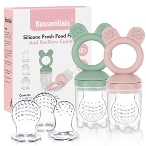 baby fresh fruit food feeder pacifier - 2 packs bpa free [3 sizes silicone food pouches included] (light pink & grass green)