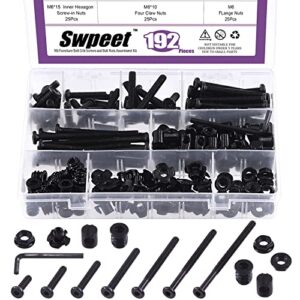 swpeet 192pcs m6 × 20/30/40/50/60/70/80mm black zinc flat head hex socket cap baby crib bed bolts and threaded insert nuts with flange nuts and 4 pronged tee t nuts kit with allen wrench