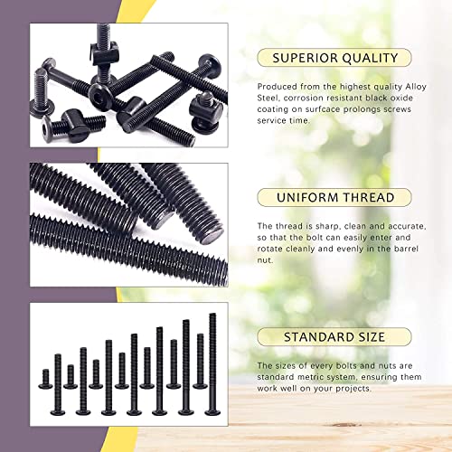 Swpeet 192Pcs M6 × 20/30/40/50/60/70/80mm Black Zinc Flat Head Hex Socket Cap Baby Crib Bed Bolts and Threaded Insert Nuts with Flange Nuts and 4 Pronged Tee T Nuts Kit with Allen Wrench