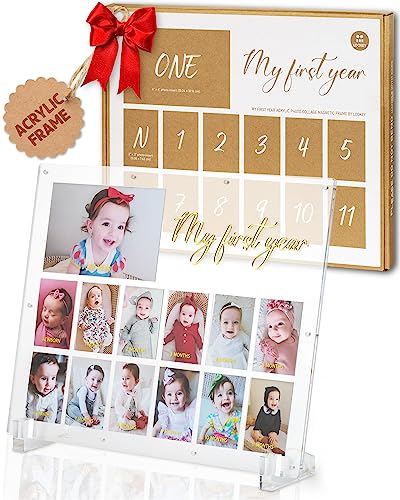 LOOKEY My First Year Acrylic Baby Picture Keepsake Frame, Monthly Milestone, 12 month Photos, Gender-Neutral Nursery Décor, First Birthday Monthly Photo Collage, Baby Shower, New Mom Gift