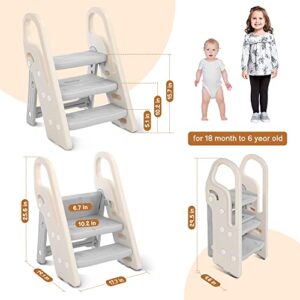 Onasti Foldable Toddler Step Stop for Bathroom Sink, Adjustable 3 Step Stool for Kids Toilet Potty Training Stool with Handles, Child Kitchen Counter Stool Helper, Plastic Ladder for Toddlers Grey