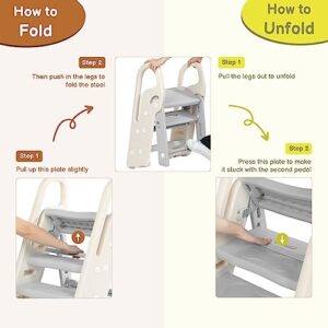 Onasti Foldable Toddler Step Stop for Bathroom Sink, Adjustable 3 Step Stool for Kids Toilet Potty Training Stool with Handles, Child Kitchen Counter Stool Helper, Plastic Ladder for Toddlers Grey