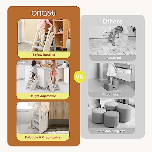 Onasti Foldable Toddler Step Stop for Bathroom Sink, Adjustable 3 Step Stool for Kids Toilet Potty Training Stool with Handles, Child Kitchen Counter Stool Helper, Plastic Ladder for Toddlers Grey