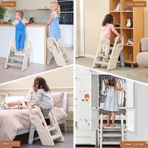 Onasti Foldable Toddler Step Stop for Bathroom Sink, Adjustable 3 Step Stool for Kids Toilet Potty Training Stool with Handles, Child Kitchen Counter Stool Helper, Plastic Ladder for Toddlers Grey