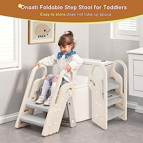 Onasti Foldable Toddler Step Stop for Bathroom Sink, Adjustable 3 Step Stool for Kids Toilet Potty Training Stool with Handles, Child Kitchen Counter Stool Helper, Plastic Ladder for Toddlers Grey