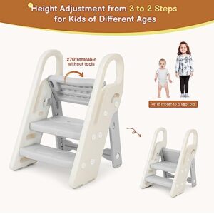 Onasti Foldable Toddler Step Stop for Bathroom Sink, Adjustable 3 Step Stool for Kids Toilet Potty Training Stool with Handles, Child Kitchen Counter Stool Helper, Plastic Ladder for Toddlers Grey