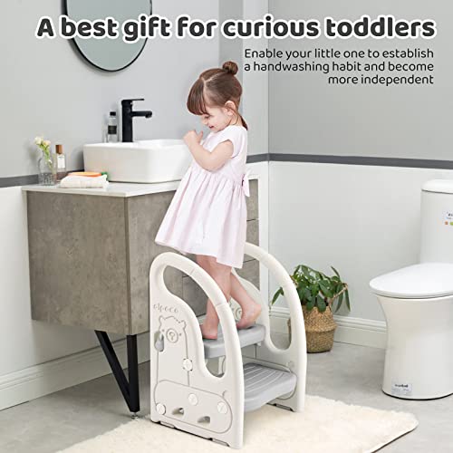 Onasti Toddler Step Stool for Bathroom Sink, Adjustable 2 Step Stop for Kids with Handles, Toilet Stool Potty Training, Plastic Ladder Toddler Helper Stool for Bedroom Kitchen Counter Grey White