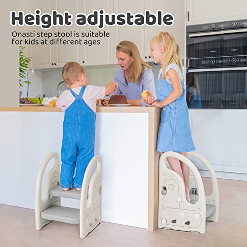 Onasti Toddler Step Stool for Bathroom Sink, Adjustable 2 Step Stop for Kids with Handles, Toilet Stool Potty Training, Plastic Ladder Toddler Helper Stool for Bedroom Kitchen Counter Grey White